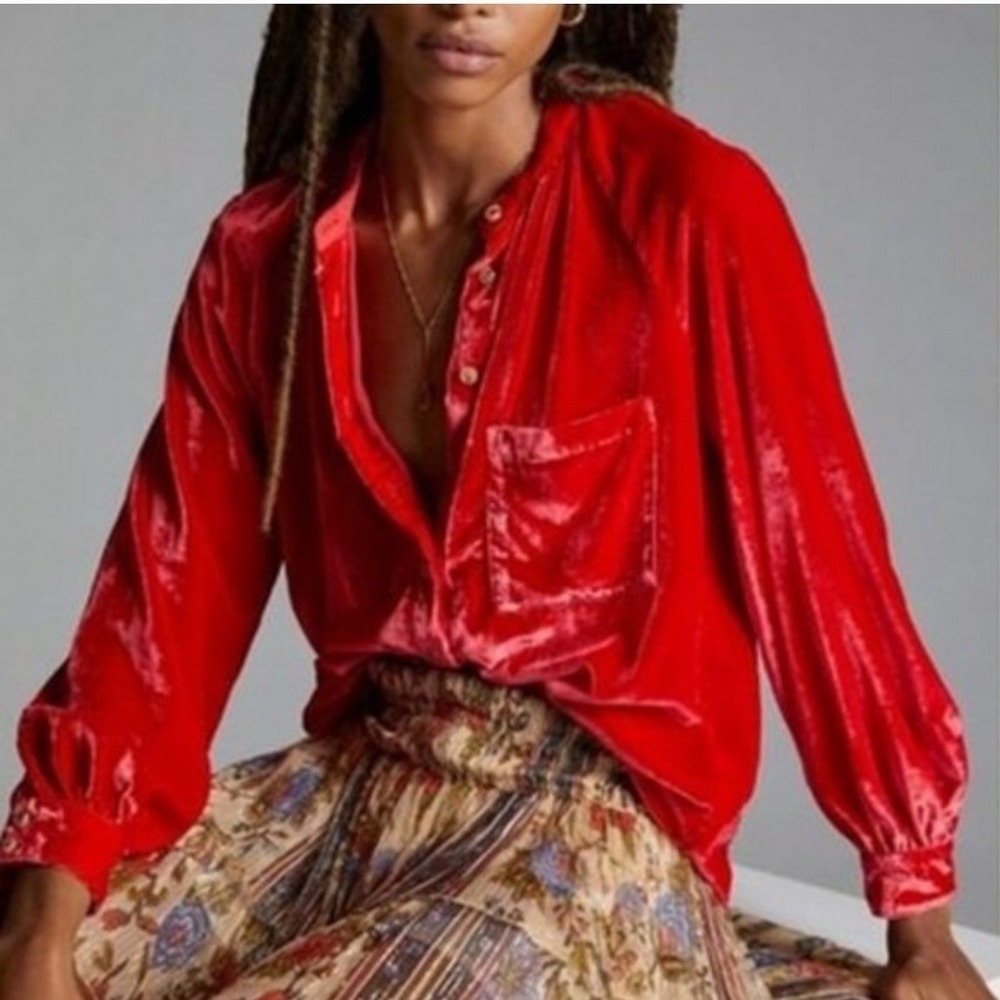 Pilcro‎ Mara Red Velvet Button Down Long Sleeve Blouse Top Medium